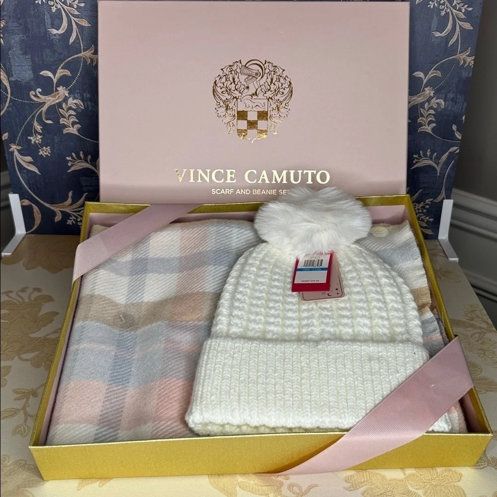 Vince Camuto White Beanie and Pastel Plaid Scarf Set